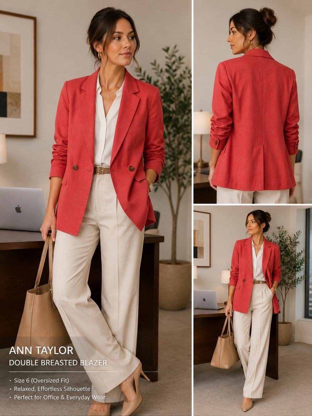 Ann Taylor Double-Breasted Linen Blend Long Blazer Coral Pink Sz 6 Business EUC
